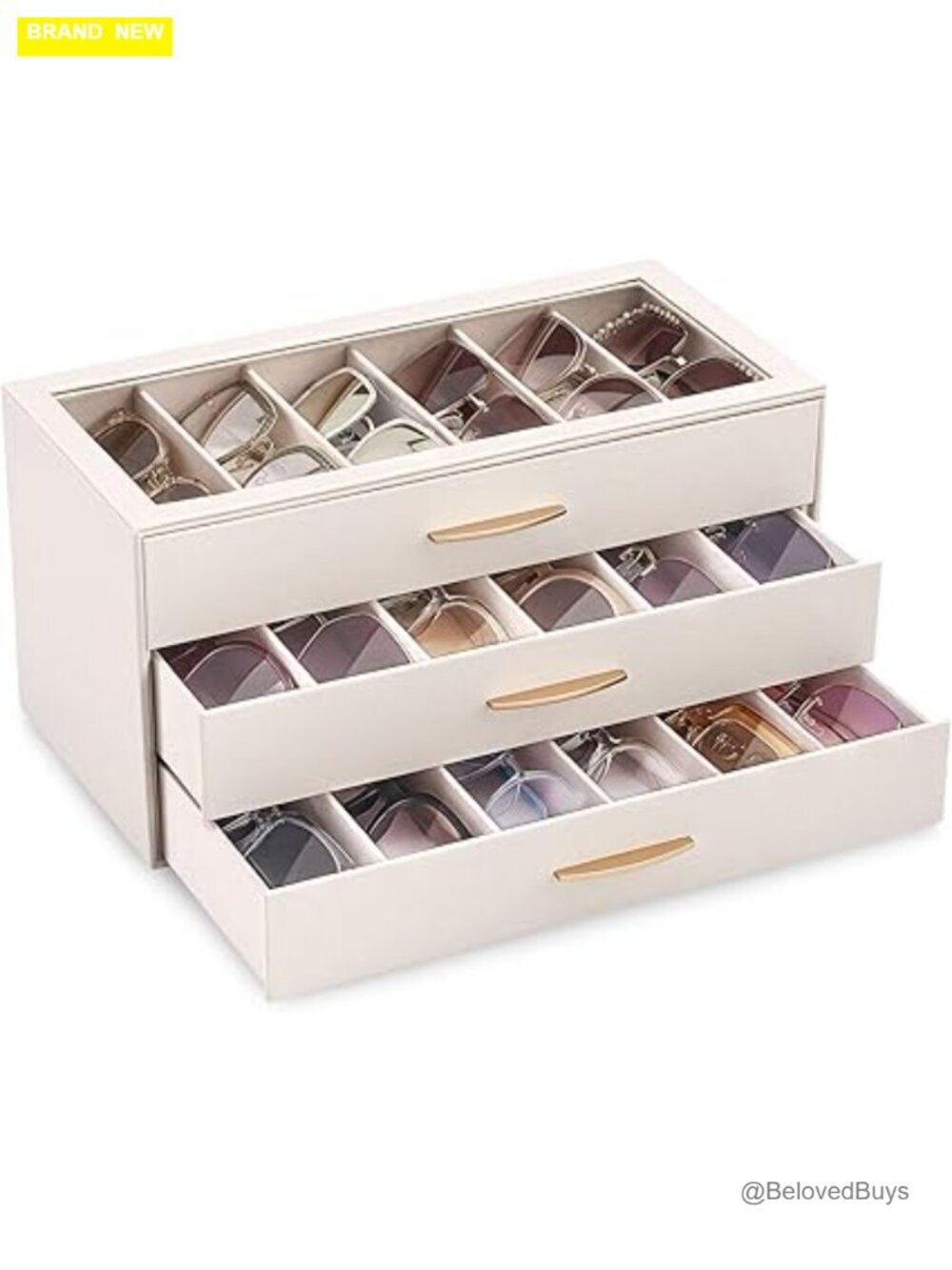 PU Leather Eyeglass Case Organizer with Drawers Clear Top Lid